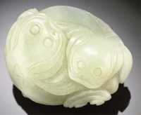 19th Century A white jade carving of two catfish